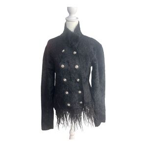 Ron David Black Faux Fur Fringe Jacket Double Breasted Statement Coat Small